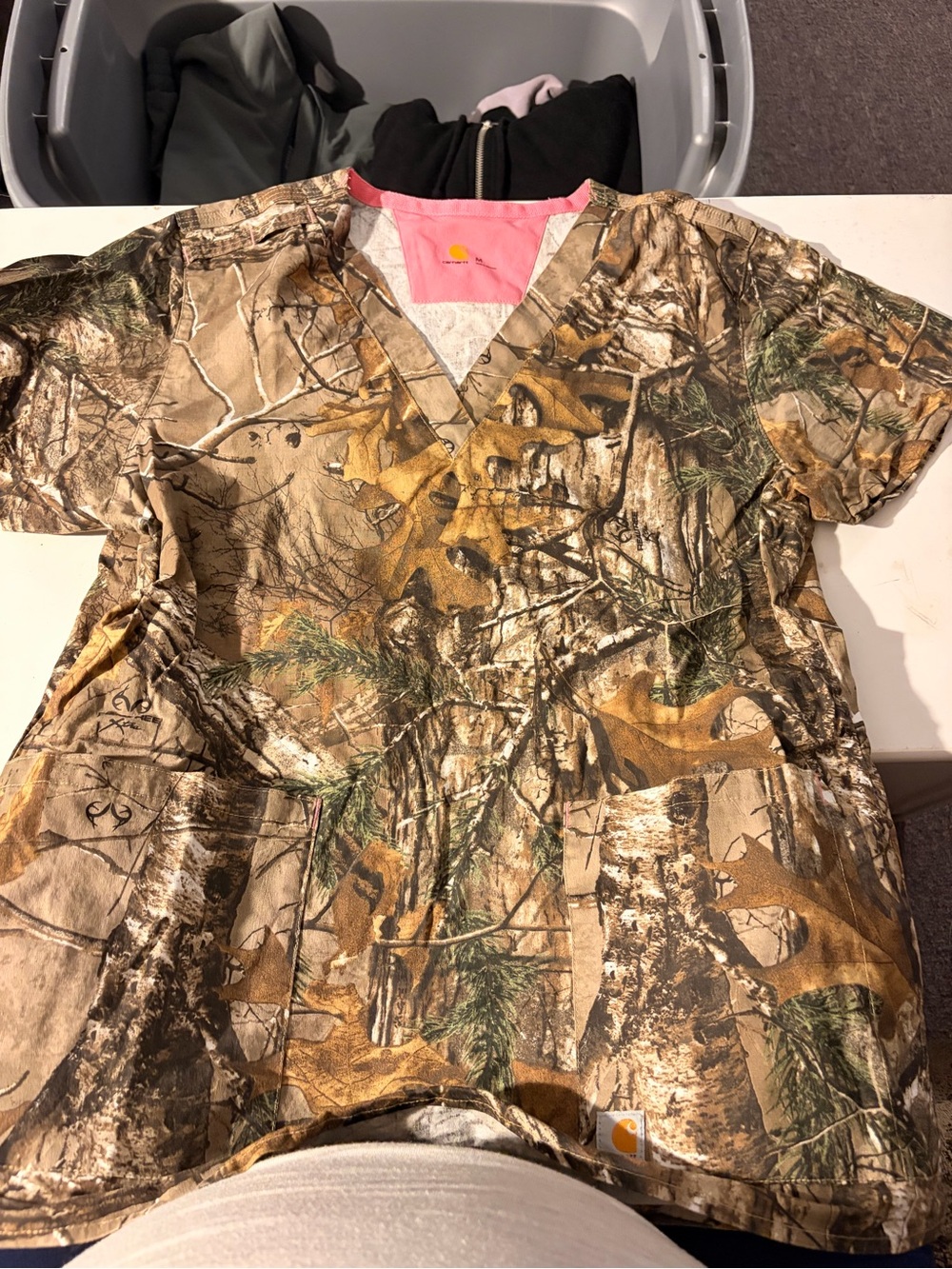 Carhartt Short Sleeve Camo Scrub Top with Pink Neckline